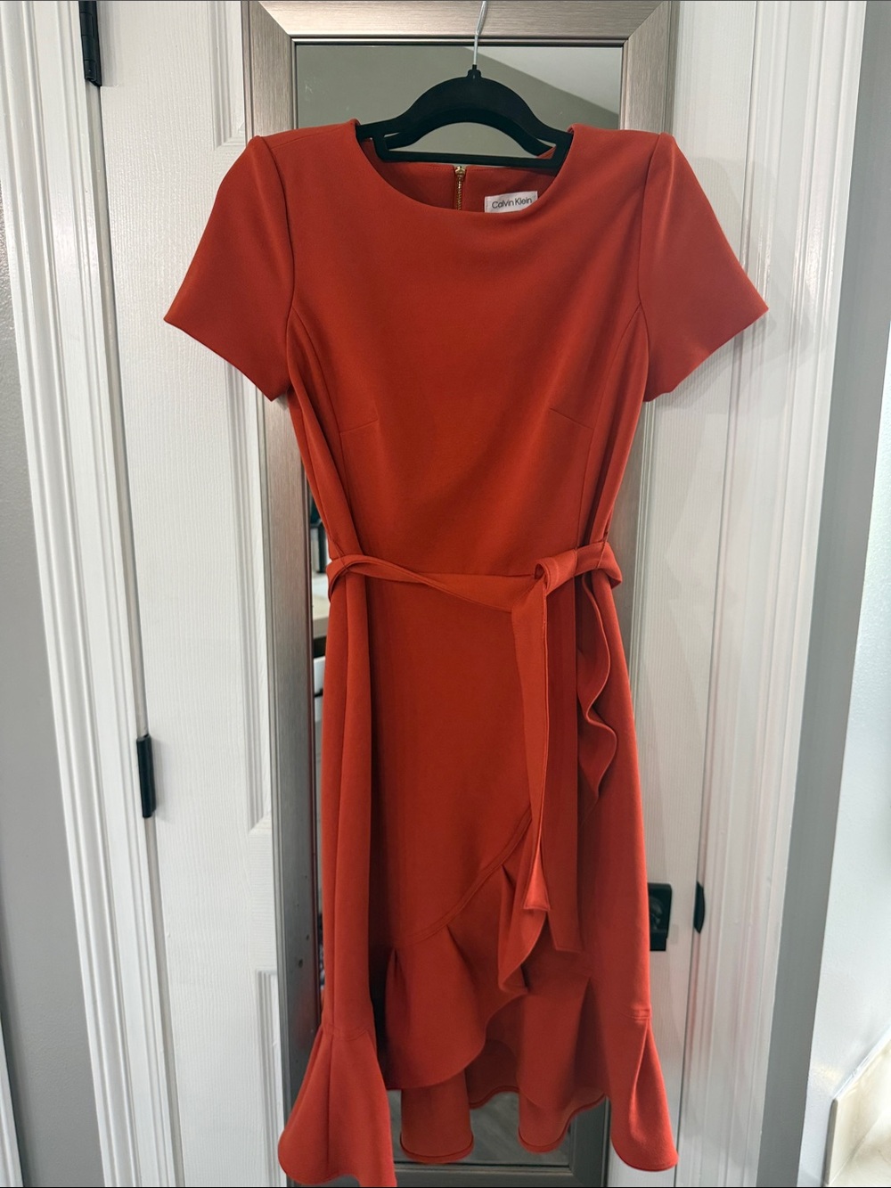 Calvin Klein Red-Orange Short Sleeve Ruffle Belted Sheath Dress